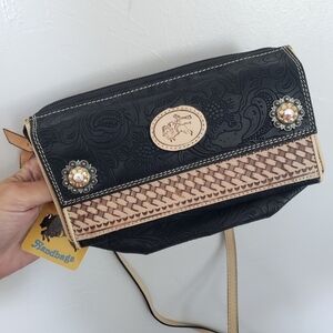 Buffalo Gal Handbags NWT Vintage 2004 Tooled Crossbody Bag Black Tan Western